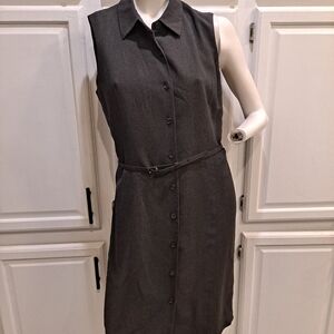 Casual Corner Dark Gray Button-Front Belted Midi Shift Dress